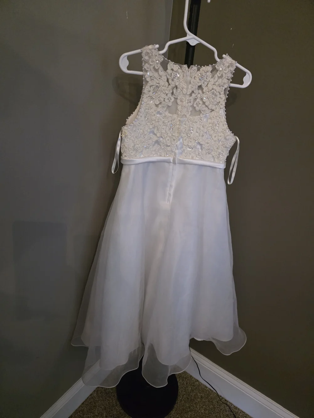 David's Bridal Ivory Beaded A-Line Flower Girl Dress with Bow - Picture 2 of 5